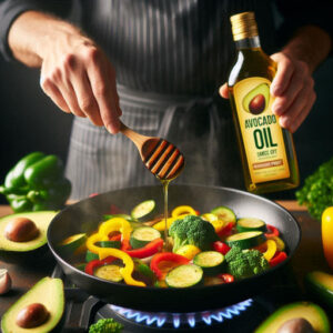 drizzling avocado oil into a sizzling pan