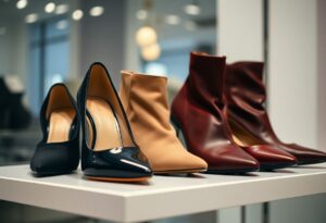 A stylish display of four pairs of women's shoes on a white shelf features chic black patent leather heels, beige ankle boots, and two pairs of red heeled boots. These fashionable shoes not only make feet look smaller but also provide trendy options for fashion enthusiasts in a modern store setting.