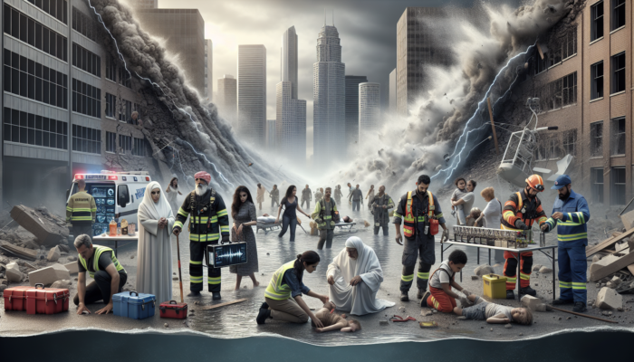 Scene depicting urban disaster with individuals utilizing seismic sensors, flood barriers, and emergency kits in response to earthquakes and floods.