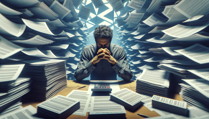 Person analyzing debt consolidation interest rates chart, surrounded by financial documents and calculator.