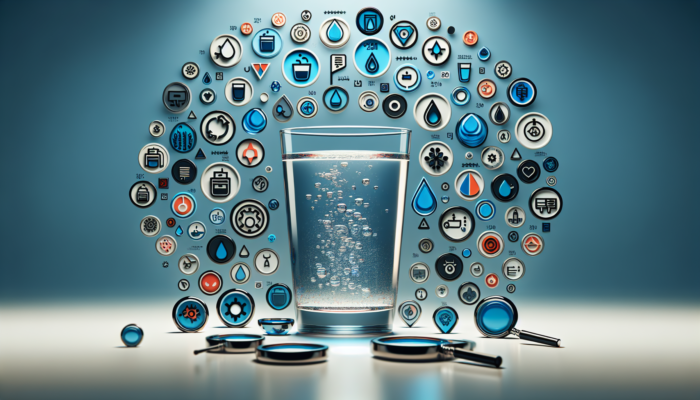 A glass of pure water with logos of top water filter brands and magnifying glasses on product details.