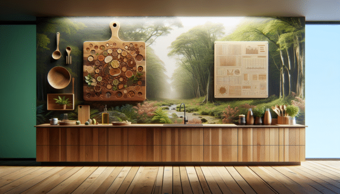 A beautiful eco-friendly kitchen setting featuring a wooden cutting board made from maple, walnut, and cherry, positioned against a backdrop of sustainably managed forestry.