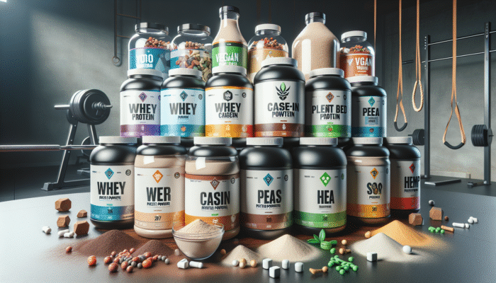Diverse array of protein powders displayed on a table, showcasing whey, casein, plant-based varieties, gym equipment, and vegan symbols.