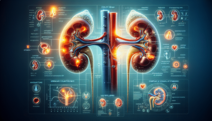 Illustration depicting kidneys with health indicators such as GFR, creatinine, urine protein, and symptoms like fatigue, leg swelling, and altered urination.