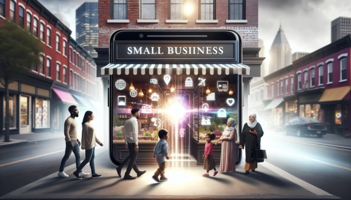 A vibrant Google local listing displayed on a smartphone drawing customers to a bustling small business storefront.