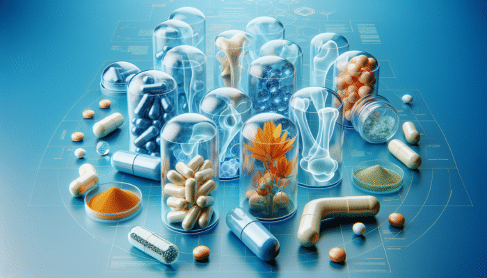 Capsules of glucosamine, chondroitin, and turmeric arranged against a blue backdrop with abstract joint shapes.