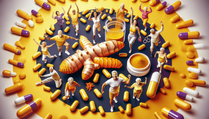 Vibrant yellow turmeric root and curcumin capsules, symbolizing joint pain relief and active seniors.
