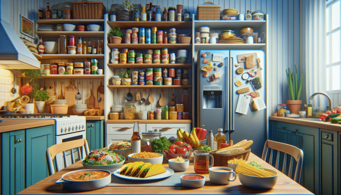 Best Tips for Cooking on a Budget: A colorful weekly meal planner featuring Mexican tacos, Italian pasta, and an open pantry and fridge.