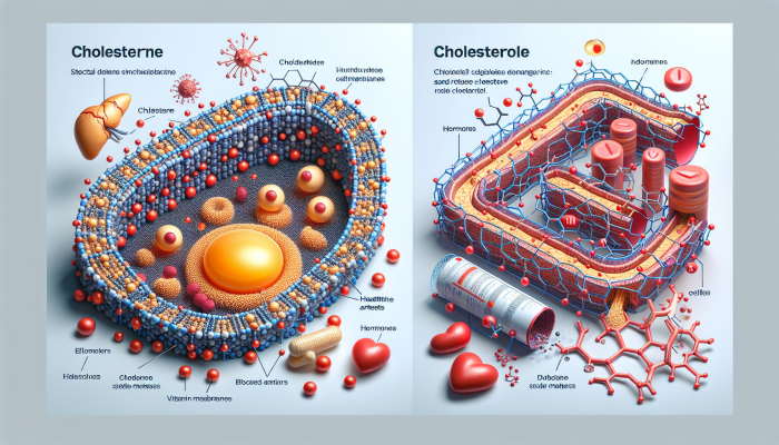 Cholesterol Blood Test in Doncaster: A molecular diagram of cholesterol illustrating its connection to cell membranes, hormones, vitamin D, and contrasting artery visuals depicting its health impact.