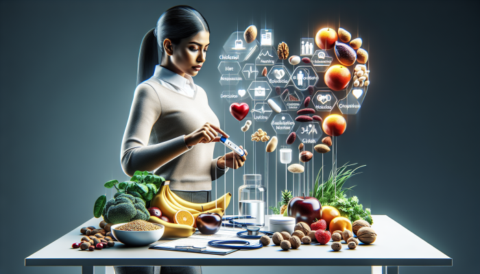 Individual preparing a cholesterol test kit alongside healthy foods on a modern table, symbolizing health preparation.