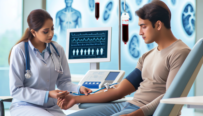 A composed healthcare professional in Doncaster guiding a patient through the cholesterol test process, discussing medical history.