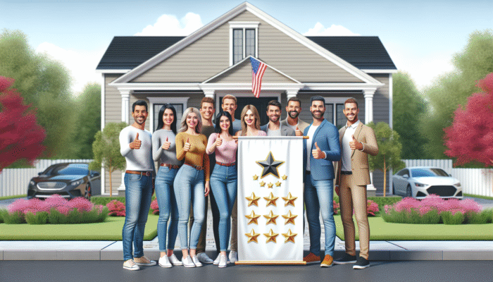Satisfied homeowners expressing approval in front of their home, showcasing a banner with top-rated home service logo and feedback.