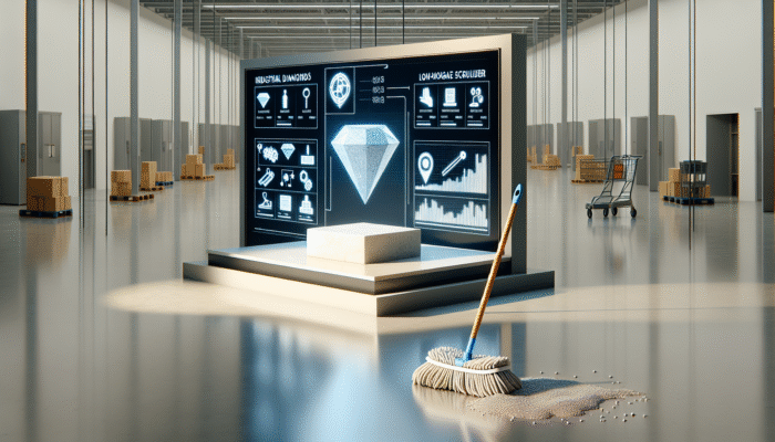 Advanced industrial diamond tools and low-moisture scrubbers delicately treating stone, producing a lasting shine, in contrast to a supermarket mop.