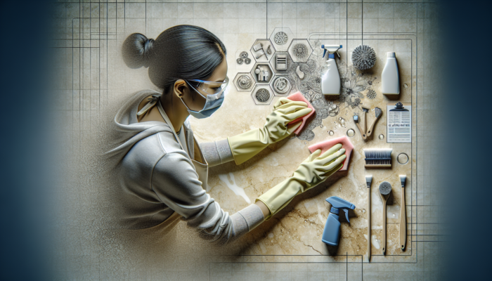 A person cleaning a travertine surface wearing gloves, using specialized solutions and soft brushes, surrounded by cleaning supplies.