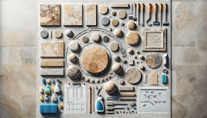 Travertine surfaces displaying dirt, stains, scratches, chips, and cracks; honed and polished finishes, cleaning tools and products.