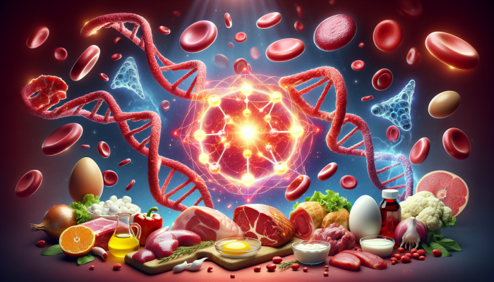 A collage of meat, fish, eggs, and dairy around a cobalamin molecule, with red blood cells and DNA.