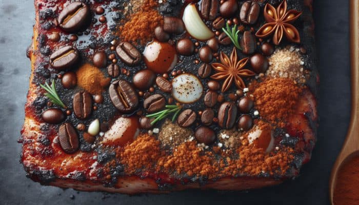 Grilled meat crust with coffee-based BBQ rub, showcasing caramelized sweetness and savory garlic and onion notes.