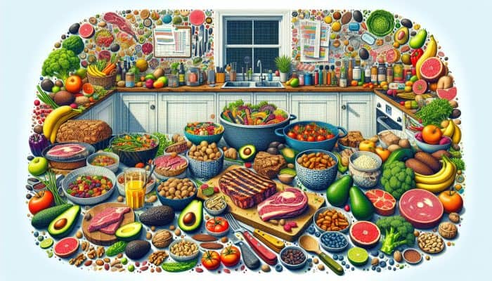 Low-carb Diet Tips: A vibrant UK kitchen scene with low-carb foods like avocados, nuts, and grilled meats on a table.