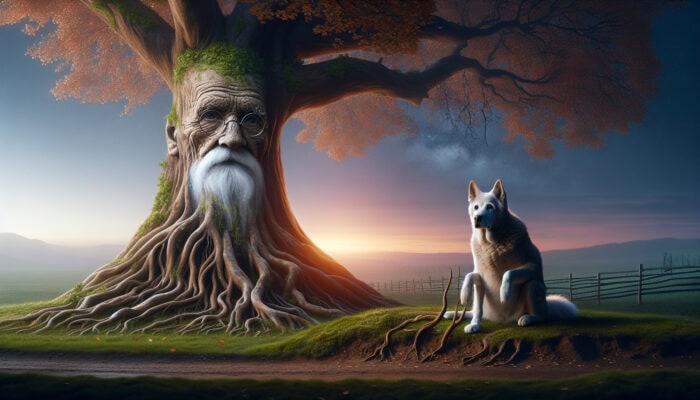 Old Dogs Can't Learn Tricks: An elderly dog by an ancient tree at dusk, symbolizing aging and learning challenges.