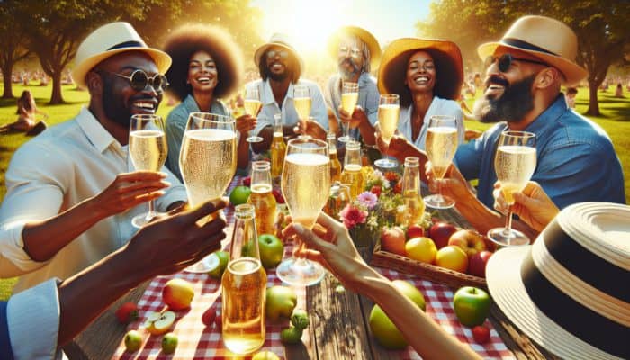 Why Craft Ciders Are Great for Day Drinking: People enjoying craft ciders at a sunny picnic with sparkling drinks and fruit, floral decor.