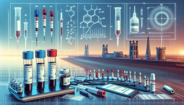 Illustration of diabetes blood test vials for HbA1c, fasting plasma glucose, and oral glucose tolerance, with Grimsby's coastline.