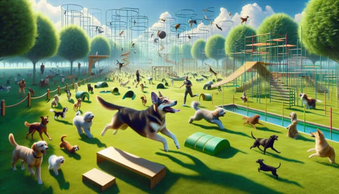 A joyful puppy and owner playing fetch in a lush park with other dogs, people, and an obstacle course under a clear blue sky.