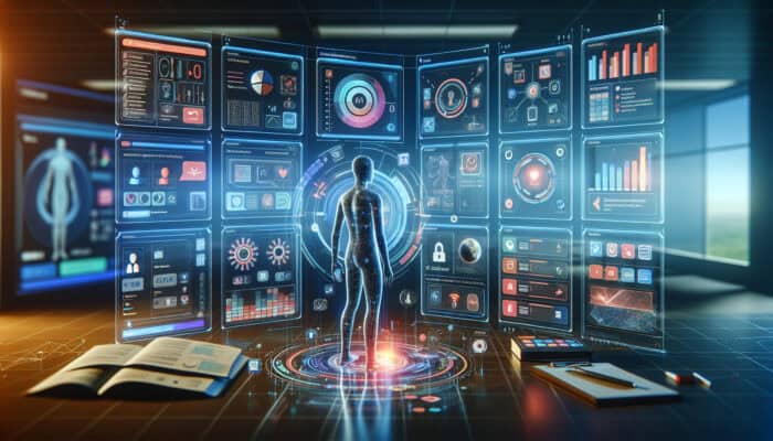 A futuristic virtual assistant using a sleek app to manage influencer campaigns with ease.