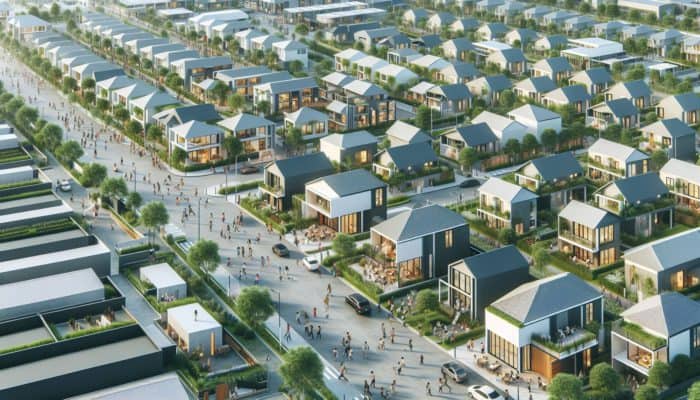 Aerial view of a lively neighborhood featuring modern entry-level homes and green spaces.