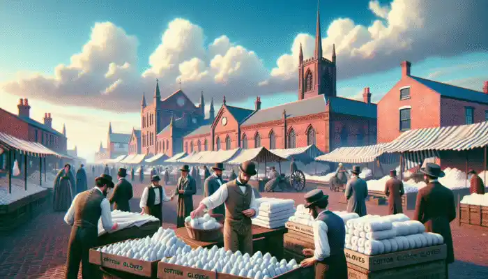 Runcorn market scene with vendors selling cotton gloves, buyers examining quality under clear skies.