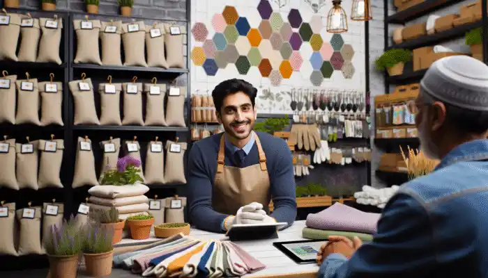 A knowledgeable shopkeeper in Runcorn advising a customer on the best cotton gloves for gardening.
