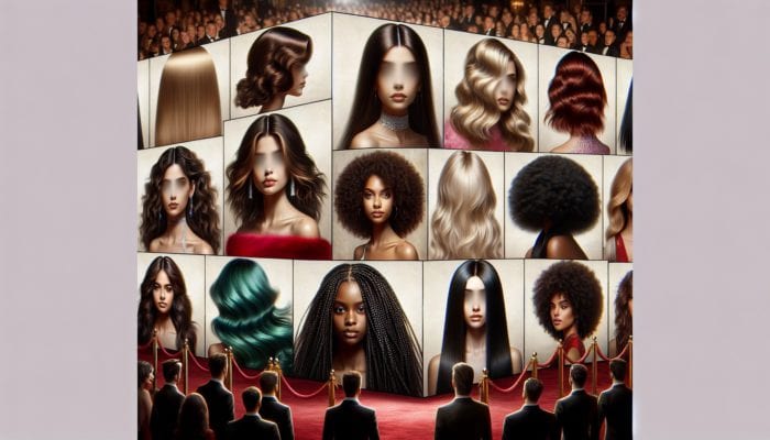 A collage of celebrities showcasing centre-parting hairstyles, from sleek to wavy, on the red carpet.