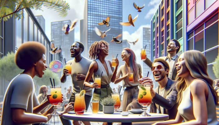 People enjoying low-alcohol cocktails with kombucha and wine in a vibrant urban setting.