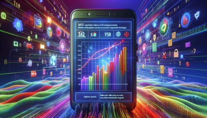 A smartphone displaying video content alongside SEO analytics, surrounded by mobile optimization icons on a digital backdrop featuring binary code.