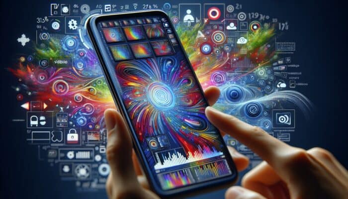 A smartphone showcasing TikTok and Instagram Reels videos, accompanied by graphs analyzing mobile trends and video optimization.
