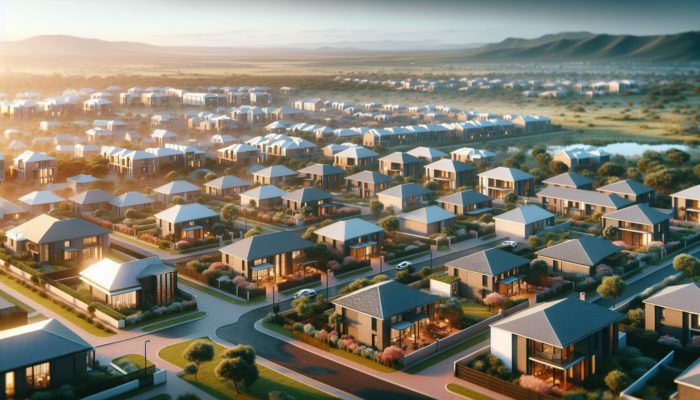 Aerial view of Boksburg's affordable neighborhoods featuring modern homes and lively community spaces.