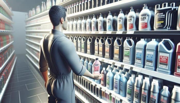 A person evaluates slate cleaners in a hardware store, focusing on effectiveness and suitability.