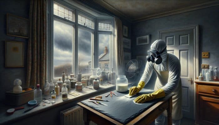 Individual cleaning slate in UK home, wearing gloves and goggles, with proper ventilation on an overcast day.