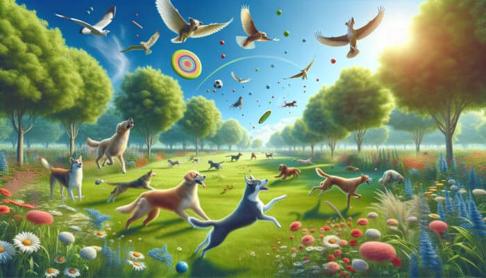 Vibrant dogs engaging in fetch with frisbees and balls in a lush park under a clear sky.