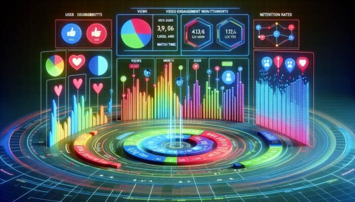 A digital dashboard illustrating graphs of video engagement metrics segmented by user sign-up month, focusing on retention rates.