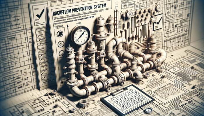 Diagram of backflow prevention system with annual testing frequency highlighted on calendar.