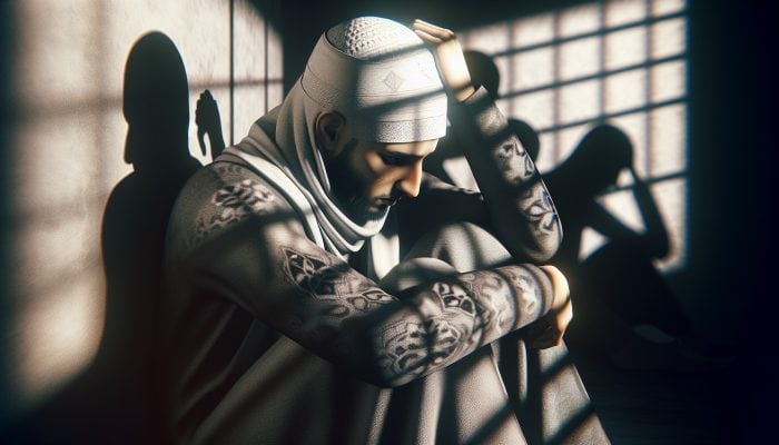 A person with skin disorders, feeling sad and isolated in a dimly lit space, surrounded by symbols of stigma and turmoil.
