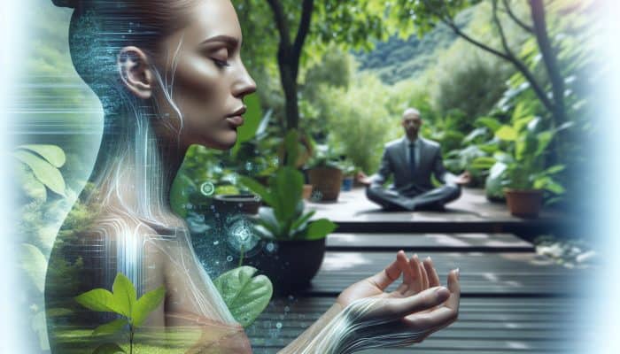 A person practicing meditation in a serene garden, showcasing clear and healthy skin.