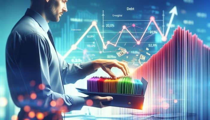 How Long Does Debt Consolidation Impact Credit: UK Guide | DCL A person organizing colorful debt papers into a 'Consolidated Loan' folder, with a graph showing declining interest rates.