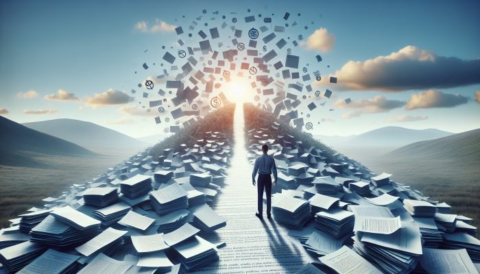 How Debt Consolidation Fails Without Discipline: UK Insights | DCL A person relieved as multiple debt papers merge into one lighter document, symbolizing debt consolidation and a path to financial stability.
