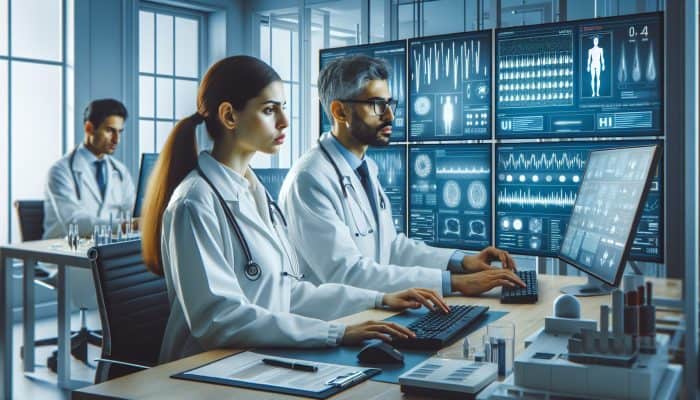 Illustration of ferritin blood test in St Albans lab, experts analyzing results on screens.