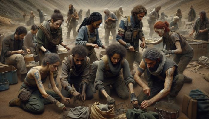 Diverse group in a post-apocalyptic setting managing resources and adapting for survival.