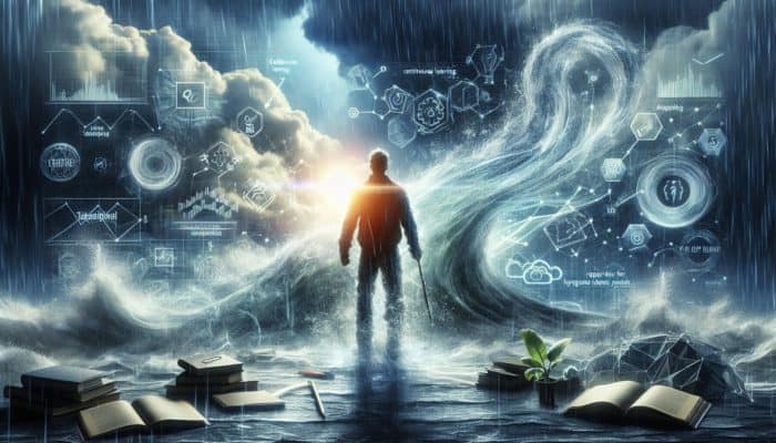 A person standing resiliently in a storm, with books and tools, symbolizing proactive learning and survival preparation.