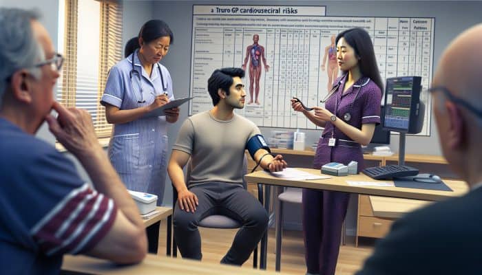 A Truro GP clinic with patients and healthcare providers collaborating on cholesterol tests for cardiovascular health management.