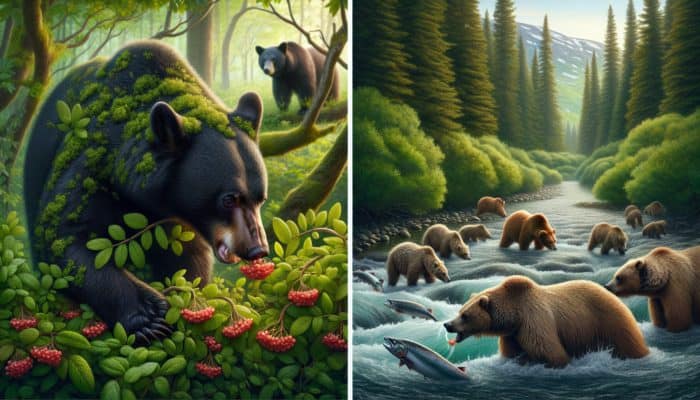 Black bear foraging for berries and plants, grizzly bear catching salmon, showcasing diverse diets in North American forests.