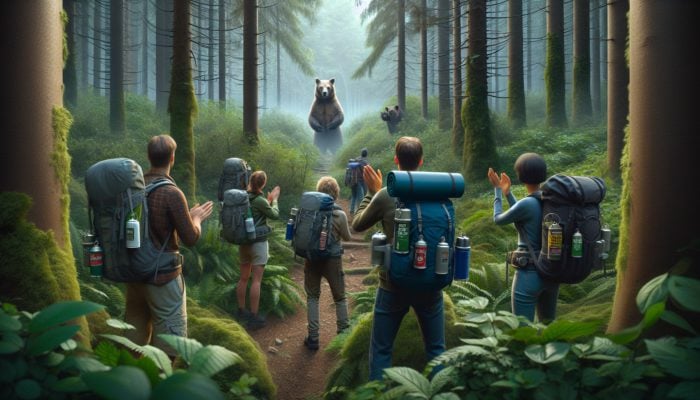 Hikers in forest using bear bells, clapping hands, and equipped with bear spray, as observed by a cautious bear.